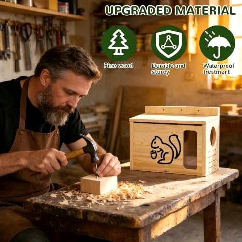Widened Medium Wooden Squirrel House for Outside | Dual Protective Entry Design with Squirrel Feeder, Squirrel Nesting Box, Easy Assembly - size: Widened Medium