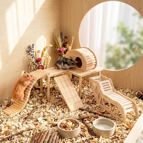 BreezeHug 4 Pcs Hamster Cage Accessories Hamster Platform Hideout Wooden Tunnel Ladder Playhouse Game Climbing Toy with Platform for Pets Dwarf Syrian Mice Degus Gerbils Squirrel(Table) - style: Table