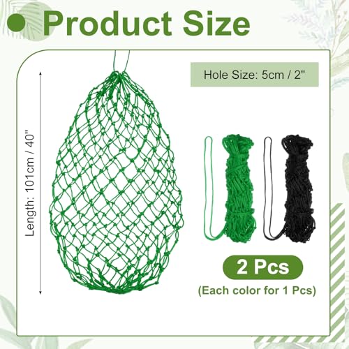 Slow Feeder Hay Net, 40" Length 2" Holes Strong Load-Bearing, Nylon Slow Feed Bag Hay Feeder, (Black/Green, 2 Pcs), Intended for Horses/Goats/Trailer/Stall - color: Black/Green