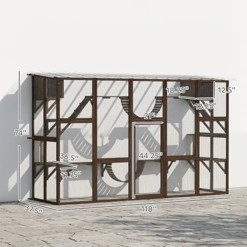 PawHut Catio Outdoor Cat Enclosure Window, 118" x 37.5" x 74", Coffee Brown | Outdoor Cat House, Weather Protection Roof, for 1-4 Kitties, Wooden Frame, Shelves & Bridges - color: Coffee Brown