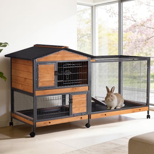 Rabbit Hutch Indoor, 62’’ Bunny Hutch Outdoor with All-Around Metal Frame, Mobile Rabbit House with Wheels, Wooden Bunny Cage with Leakproof Tray, Chew-Proof Ramp for Guinea Pig(Orange) - color: Orange