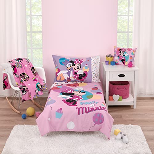NoJo Disney Minnie Mouse Let's Party Pink, Lavender, and White Balloons, Cupcakes, and Confetti 2 Piece Toddler Sheet Set - Fitted Bottom Sheet and Reversible Pillowcase - color: Minnie Mouse Let's Party Pink