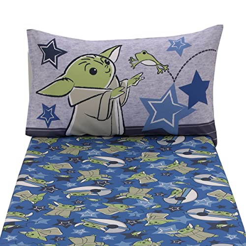 NoJo Star Wars The Child Cutest in The Galaxy Blue, Green, and Gray Grogu and Hover Pod 2 Piece Toddler Sheet Set - Fitted Bottom Sheet and Reversible Pillowcase - color: Star Wars the Child