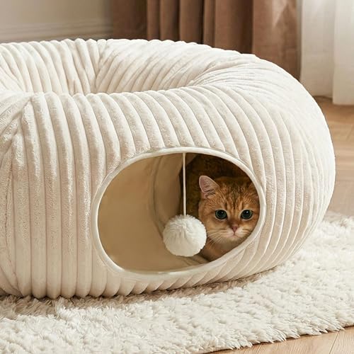 Cat Tunnel Bed with 40 Pcs Interactive Cat Toys, Cat Tube with Kitten Toys for Indoor Kittens, Collapsible Play Tunnel, White - color: White