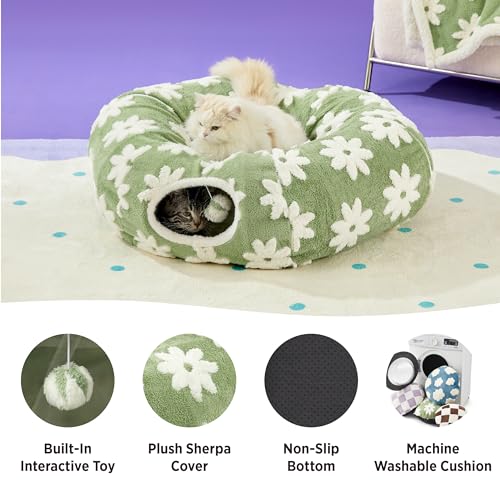 Lesure Donut Cute Jacquard Cat Tunnel Bed Kitten Toys for Puppy Bunny | 33.5x33.5x10in,Round Cat Bed Tube for Indoor Cats Rabbit Dog,Pet Peekaboo Cave Toy,Spiral Hideaway,Washable Cushion,Green - color: Flower Garden Green, size: Standard (33.5"L x 33.5"W