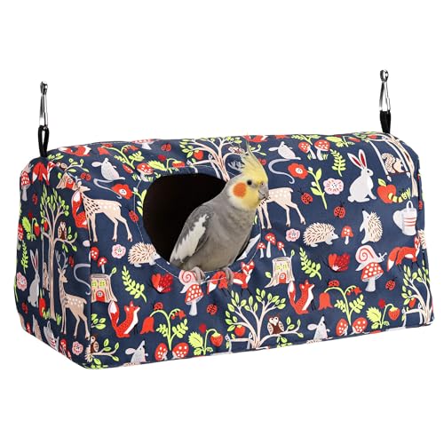 Bird Nest House Cage Hanging Hammock Shed Hut Hideaway Large Size | Snuggle Bird Cage Hanging Nest Tent Forest Animals Pattern Hideaway Bird Hut for Parakeet Cockatiel Conure Finches Love Birds - style: L