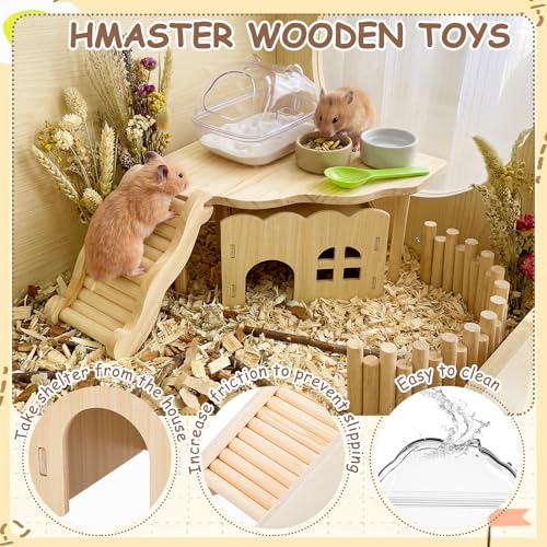5 Pcs Hamster Platform Wooden Fence Bridge Ladder Climbing Toy Hidden House Exploring Toy with Hamster Bath Container Decor Cage Accessories for Small Animals Dwarf Syrian Gerbils Squirrel(Classic) - style: Classic