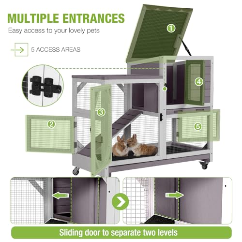 GUTINNEEN 2-Story Rabbit Hutch Indoor Bunny Cage Outdoor Guinea Pig House Wooden Small Animal Cage with Chew-Proof Ramp, Leak-Proof Tray, Lockable Wheels for 2-4 Rabbits, Guinea Pigs (Grey) - size: 39.3"L x 22.0"W x 36.8"H