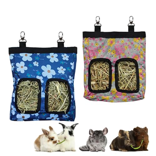 RIOUSSI Guinea Pig Hay Feeder, Hanging Rabbit Hay Feeder Bag. Flowers,2Ct | Upgraded Double Layer Fabric | Bite Resistant | Cleaner Hay & Less Mess | Small Animal Hay Holder for Bunnies & Chinchillas - color: Little+Blueflower
