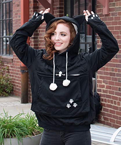 Unisex Big Pouch Hoodie Long Sleeve Fleece Pet Dog Holder Carrier Pullover Sweatshirt… - color: Black, size: XX-Large