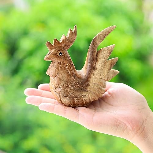 Hand Carved Wooden Rooster Figurine, Handmade Rooster Statue, Rustic Farmhouse Kitchen Decor, Wooden Farm Animal Sculpture, Gift for Rooster Lovers (Natural Rooster) - color: Natural Rooster