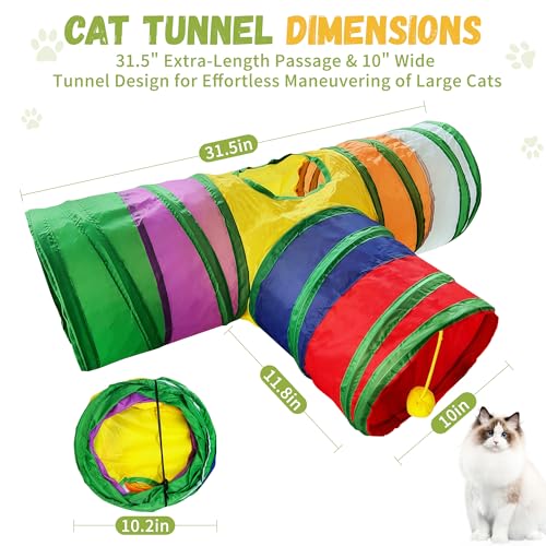 Cat Tunnel,Cat Tunnels for Indoor Cats Interactive, Pet Tunnel Toys for Cats Kitten Rabbits,3 Way Collapsible,Rainbow L 32" T Shape - color: Mini Cat Tunnel Toy Rainbow