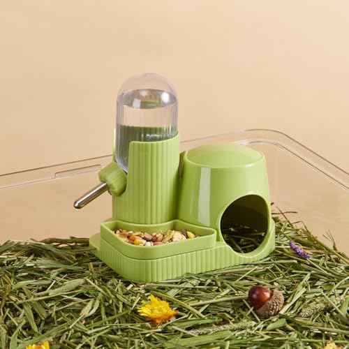 3 in 1 Hamster Water Bottle No Drip Automatic Leakproof Dispenser with Food Container and Hideout Base for Gerbil Rat Dwarf Hamster Mouse (Green, 3.4oz) - color: Green
