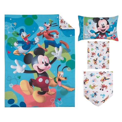 NoJo Disney Mickey Mouse Blue, Red, and Green, Donald Duck, Pluto, and Goofy, Fun Starts Here 4 Piece Toddler Bed Set - Comforter, Fitted Bottom Sheet, Flat Top Sheet, and Reversible Pillowcase - color: Mickey Mouse - Fun Starts Here