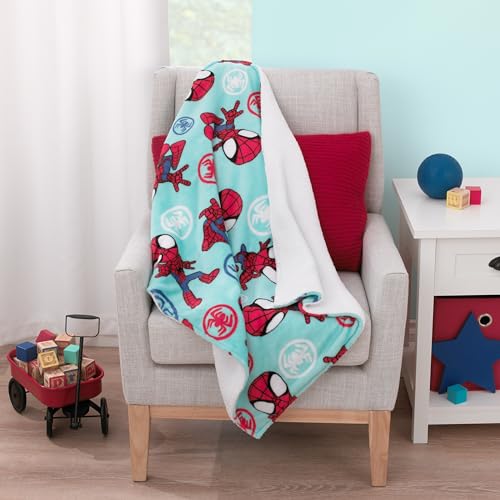 Marvel Spidey Light Blue, Red and White Super Soft Sherpa Toddler Blanket - color: Spidey - Blue and Red