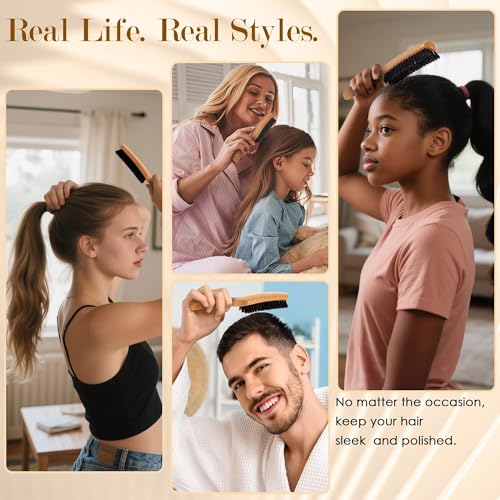 4PCS Boar Bristle Hair Brush Comb Set for Women Men Kid, Soft Natural Slick Back Hair Brush for Thin & Fine Hair, Travel Bag & Spa Headband Included - size: 1 Count (Pack of 4)