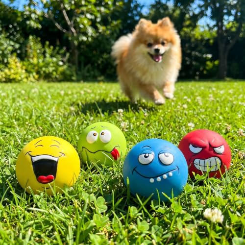 Squeaky Dog Toys, Funny Face Latex Rubber Interactive Dog Balls, Soft Chew Fetch Play Toys for Puppy Small Medium Dogs, 4PCS - color: Red Blue Yellow Green