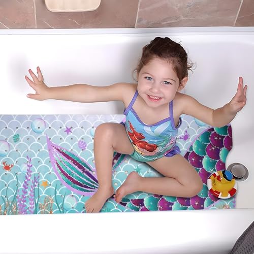 Mermaid Bathtub Mat Non Slip, Cute Baby Bath Mat for Tub Rubber Tub Mat, Kids Bath Mats for Bathroom Little Girls Anti Slip Shower Mat with Suction and Drain Holes Machine Washable, 40″X16″ - color: A05, size: 40" x 16" (Rectangular)