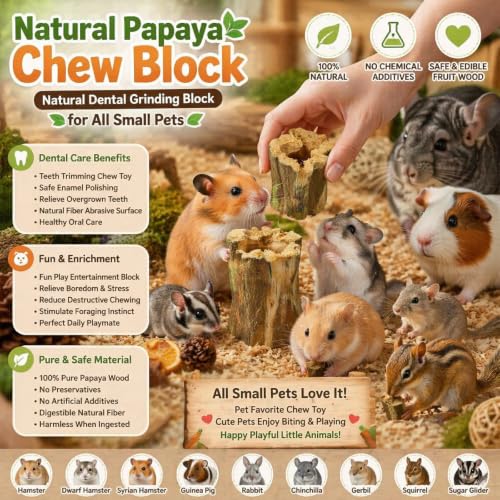 Natural Dried Papaya Block Chew Toys, 8 Pcs Organic Papaya Stump Molar Treats, Healthy Teeth Grinding Chews for Rabbits, Guinea Pigs, Chinchillas, Hamsters, Small Animal Foraging Snack