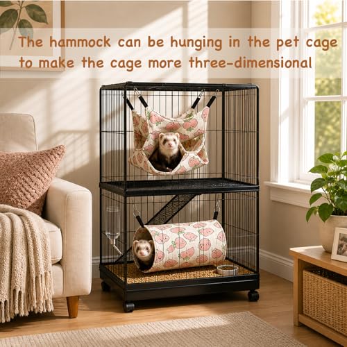 Ferret Hammock and Tunnel Set, 2-in-1 Hanging Bed and Hideout | Double-layer linen, 3-tier hammock and padded tunnel, metal hooks; for guinea pigs, rats, chinchillas and small pets - color: Peach