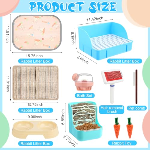 Honeydak 10 Pcs Rabbit Starter Kit Small Litter Box Bunny Grooming Kit Scratch Pads Hay Feeder Bowl Ice Pad with Bunny Toys for Guinea Pig Rabbit Accessories (Blue) - color: Blue