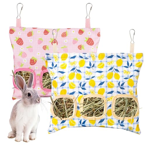Lesnala 2 Pcs Canvas Hanging Bunny Hay Feeder Bags 3 Holes 2 Styles | Rabbit hay feeder Bag, Guinea Pig Hay Bag, Large Capacity Cotton Canvas Fabric, for Chinchillas Hamsters & Other Small Pets - color: Fruit pattern
