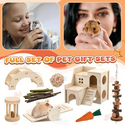 8 Pcs Hamster Cage Accessories Hamster Starter Kit with Maze Wood House, Bridge, Seesaw, Chew Toys Set for Gerbils and Mice Small Animals Habitat Supplies(Classic Villa) - style: Classic Villa