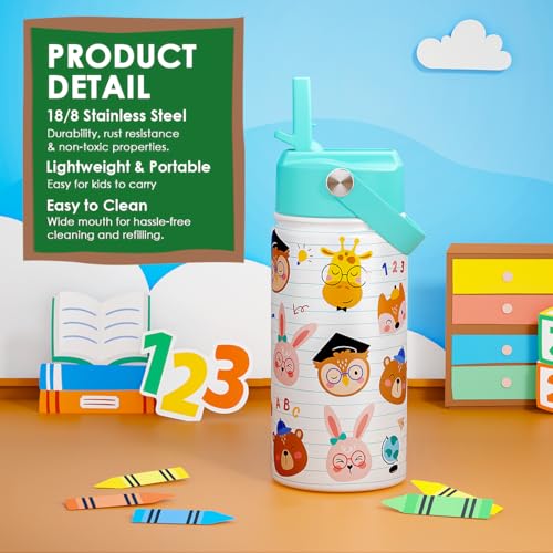 SANDJEST Animal Kids Water Bottle with Straw Lid 12oz Insulated Stainless Steel, Travel Tumbler, Gifts for Girls, Birthday, Christmas, Back to School - color: Animal 2