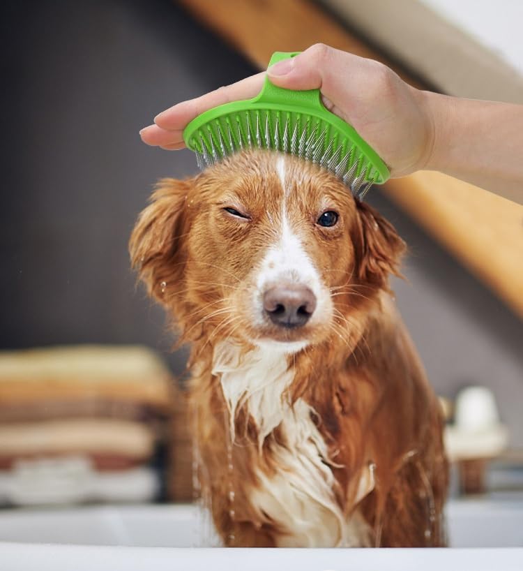 Pet Dog Grooming Bath Brush, Rubber Soothing Massage Comb with Handle | Soft Rubber Massage for Long or Short Haired Dogs Cats, Soothing Grooming Tool for Daily Use(Green)