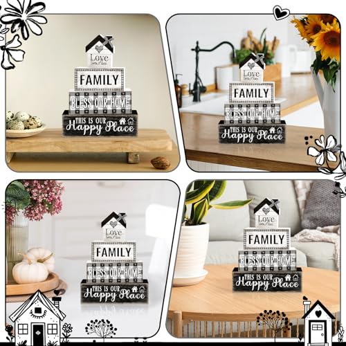 Tiered Tray Decor Set, 4 Pcs, Wooden, for Home Kitchen, Family | Rustic Buffalo Plaid, Farmhouse Rustic Summer Coffee Table Centerpieces Office Decorations - style: Family