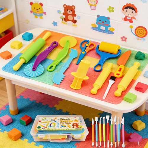 Kleeblatt Dough Tools Set for Kids - 29 Pcs Playdough Kit | 10 Castle Molds, 9 Basic Dough Tools, 9 Double-Headed Clay Carving Tools, 1 Cleaning Brush, Exquisite Box - color: KT-DoughTools-7