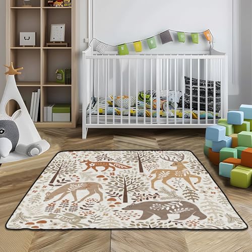 Baby Play Mat Woodland Fox Deer Trees Leaves 50 x 50 Playpen Mat Baby Play Mats for Floor Play Gym Crawling Mat Non-Slip Cushioned Baby Playmat for Infants, Babies, Toddlers - color: multi 13