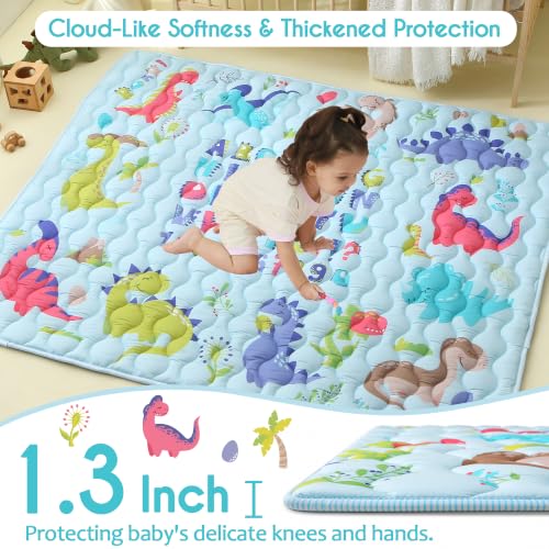 Viviland Baby Mats for Floor, 50x50 Inch Playpen Mat, Thick Cushioning Padding Playmat for Baby and Toddlers Infants, Non-Slip & Machine Washable, Blue Dino and Letters - color: Blue Dino and Letters, size: 50" X 50"