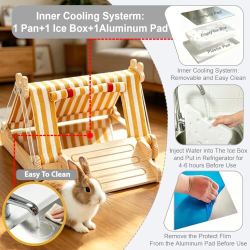 Wooden Rabbit Bed Cooling Guinea pig Bed with Aluminum Pad(Yellow) | Guinea Pig Hideout with Ice box Bunny Bed Four Season Guinea Pig Hide Tent Solid Wood Chinchilla Cooling House for Hedgehog - color: Yellow