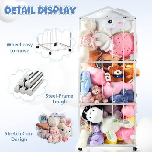 NomNest Stuffed Animal Storage Zoo – Large Metal Plushie Organizer Holds 50+ Toys, Heavy Duty Teddy Bear Toy Holder with Wheels for Bedroom, Playroom, Nursery (White) - color: Pearl White
