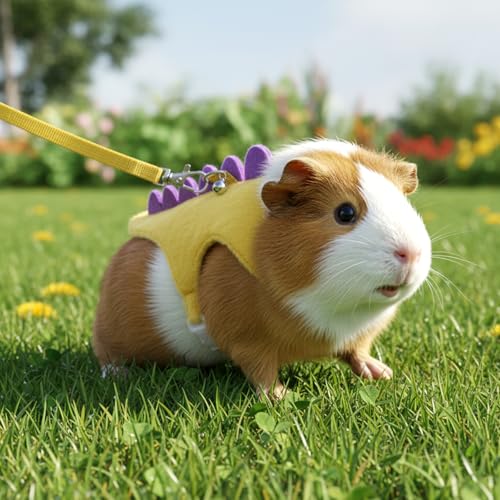 Ferret Harness and Leash Set Dinosaur Shaped Stuffed Animal Harness Adjustable Vest with Safe Bell for Baby Rabbit Guinea Pig Rat Hedgehog and Other Small Animals Yellow