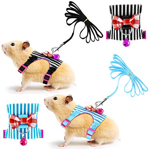 2 Pieces Hamster Harness and Leash Set for Walking, Small Guinea Pig Clothes with Bowknot Bell, No Pulling Comfort Padded Vest Striped for Guinea Pig Hamster Ferret, Small Animals (Blue, Black,S) - color: Blue, Black, size: S