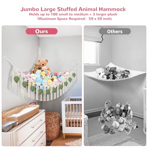 82.7x59x59 Inch Jumbo Stuffed Animal Storage Hammock Corner Toy Net, Cream | Boho Macrame Green Leaf Stuffed Animal Net Organizer for Stuffy Plushie, Toy Hammock Holder w/Star Lights ,Nursery Room Decor - color: Cream, size: XXX-Large Leaf Style