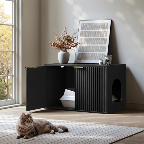 Evermagin 31.5" Cat Litter Box Enclosure Furniture | Black Hidden Litter Box Cabinet, Modern Indoor Cat House, Fluted Kitty End Table for Living Room, Bedroom, Entryway - color: Black