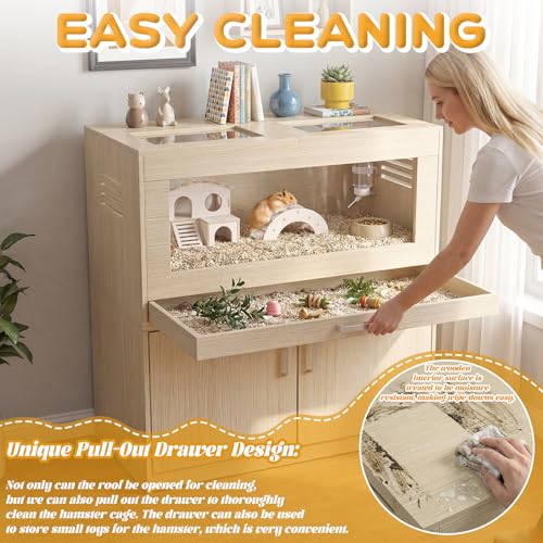 Hamster Cage with Storage Cabinet Detachable, Large Wooden Small Animal Habitat with Easy-Clean Drawer & Acrylic Panels for Guinea Pig, Rabbit, Hedgehog, Chinchilla (Teak) - color: Teak