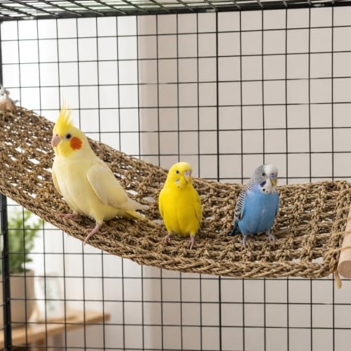 FlidRunest Extra-Large 21.6x7.8IN Conure Ladder Perch for Cage, Bird Seagrass Ladder Bridge Exercise Stands, Natural Hand-Woven Parrot Net Climbing Chewing Hammock, Cage Accessories for Conure Budgie - size: D(Extra-large Size)