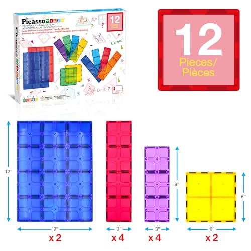 PicassoTiles 12 Piece Magnetic Tile Base Plate Set, Jumbo Stabilizer Boards | Large format design, no assembly needed, STEM building toy for ages 3+, one-piece foundation, toddler friendly - style: 12 pcs XL Plate