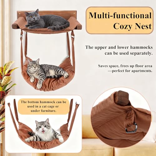 JSPYFITS Wooden Cat Furniture Wall Mounted, Double Layer Hammock, Large Size 18.9″ Removable Multi-Function Cat Bed for Sleep/Play/Climb, Kitten Window Perch, Easy DIY Installation(Brown) - color: Brown