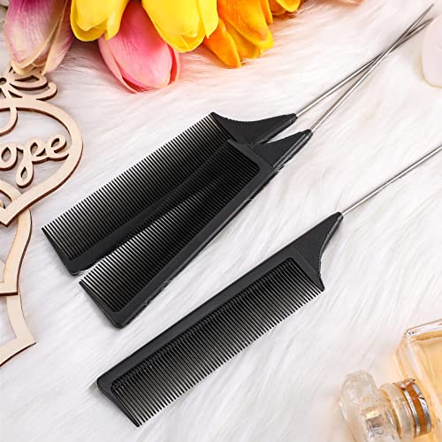 Leinuosen 3 Pack Rat Tail Comb Carbon Fiber,Black | Steel Pin Tail for Sectioning, Heat Resistant Teasing, Pick Comb for Women Wig Styling, Fishtail Design for Salon Updos - color: Black