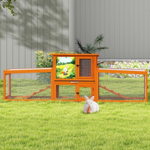 COZIWOW 82” Extra Large Fashion Wooden Outdoor Rabbit Hutch Bunny Cage Indoor Easy to Assemble and Durable with Cleaning Tray & Waterproof Roof for Small & Medium Bunny Rabbit Duck Chick (Orange) - color: Orange