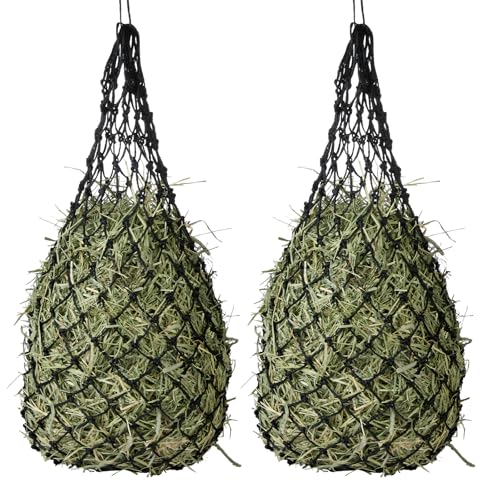 2-Pack Heavy Duty Hay Bags, Slow Feeder for Horses & Goats with 2-Inch Holes, Adjustable Drawstring Hay Net to Reduce Waste & Improve Digestion for Stall, Trailer, Pasture