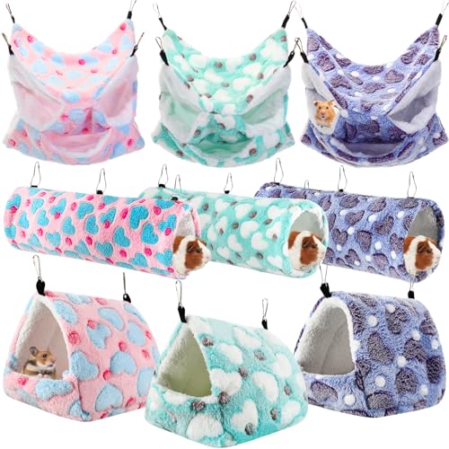 Abbylike 9 Pieces Rat Hammock 3 Tier Guinea Pig Ferret Hammocks Small Pet Hanging Tunnel Glider Toy Guinea Pig Ferret Hideout Bed Cage Accessories for Hamster(Green, Purple, Pink,Heart) - color: Green, Purple, Pink