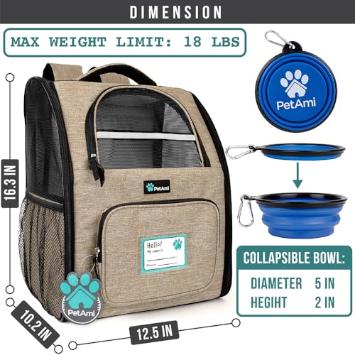 PetAmi Dog Backpack Carrier Airline Approved Cat Pet Puppy Bag, Taupe | Ideal for Small Medium Large Pet up to 18 lb, 2 Side Entry Structured No-Collapse Frame, Ventilated Bookbag for Hiking Travel - color: Heather Taupe