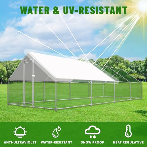 NUGRIART Large Metal Chicken Coop Walk-in Poultry Cage with Water-Resident and Anti-UV Cover Duck Rabbit Cat House Outdoor Chicken Run Pen with Spire Shaped Cage - size: 26.2’L×9.8’W×6.5’H
