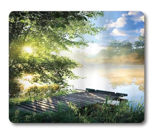 Fishing Pier by Lake Mouse Pad, Nature Sunrise Landscape Desk Mat | Clouds and Trees Scenery in The Morning, 9.5"x 7.9", Cute Smooth & Anti-Slip Mousepad - color: Green Blue